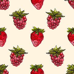 Watercolor background with cherry and raspberry