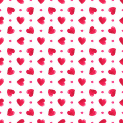 Watercolor red hearts pattern. Seamless vector texture