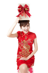 Happy Chinese new year. beautiful asian woman with gifts