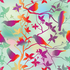 Birds silhouette branch leaf seamless background. Floral pattern