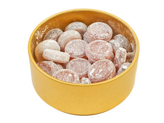 Fruit citrus cherry candy sweets in a jar metal isolated on whit