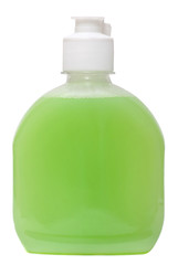 colored plastic bottles with liquid soap and shower gel.