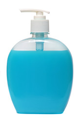 colored plastic bottles with liquid soap and shower gel.