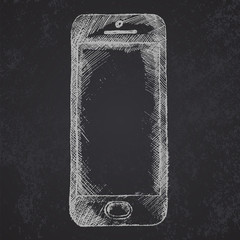 Hand drawn sketch of mobile phone front on blackboard