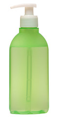 colored plastic bottles with liquid soap and shower gel.