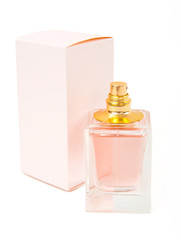 pink perfume bottle and box on white background