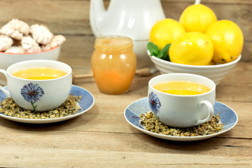 Chamomile tea, lemon and honey