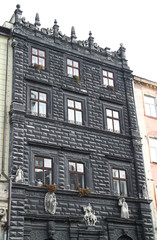Fototapeta na wymiar The old black european building with sculptures