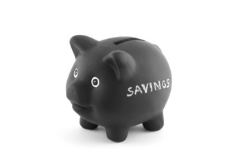 Black piggy bank with word savings. Clipping path included.
