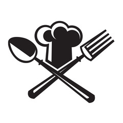 monochrome image of chef hat with spoon and fork
