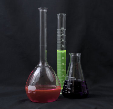 Lab glassware with colorful fluids