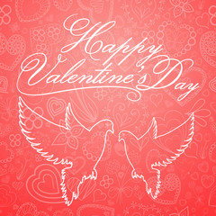 Valentine's Day card with lettering, doves and hand drawn hearts