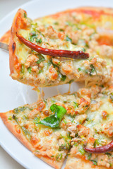 larb moo pizza hot from oven