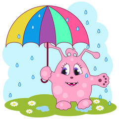 Cute pink monster with umbrella