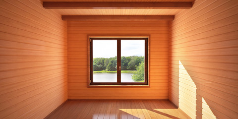 Комната в деревянном доме на берегу пруда_прямой вид на окно