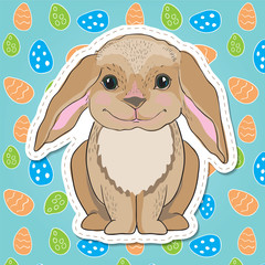 Cute easter bunny with big ears on background with eggs