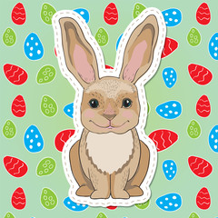 Cute easter bunny with big ears on background with eggs