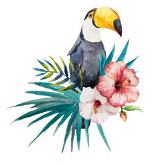 pattern toucan parrot tropical jungle nature background - obrazy, fototapety, plakaty