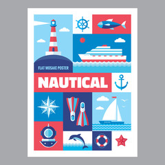 Obraz na płótnie Canvas Nautical poster in flat style. Set of vector icons marine.