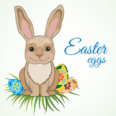 Cute easter bunny with big ears on green grass hiding eggs