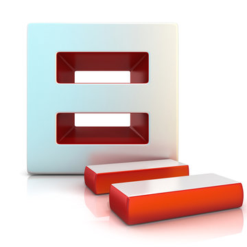 Equally sign. 3D render illustration, isolated on white. Front