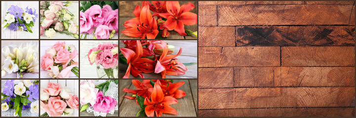 Collage of photos with flowers on wooden background