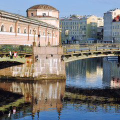 Old building and Bridge with reflection in Saint Petersburg