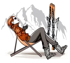 Papier Peint photo Art Studio Femme ayant une pause en buvant du café après le ski
