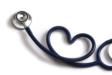 A blue statoscope in the shape of a heart on white isolated