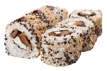 Japanese sushi rolls on white background