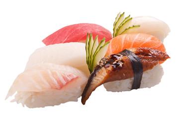 traditional sushi sashimi on white background