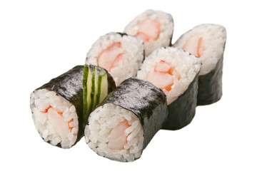 Japanese sushi rolls on white background