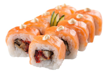 Japanese sushi rolls on white background