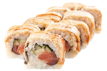 Japanese sushi rolls on white background