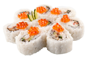 Japanese sushi rolls on white background