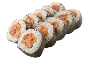 Japanese sushi rolls on white background