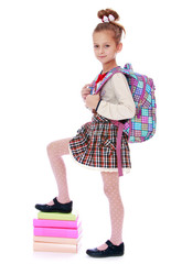 Girl schoolgirl comes on a stack of books.