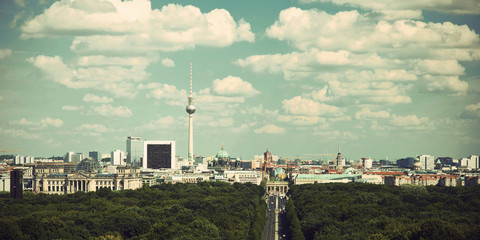 panoramic view at Berlin City Skyline from Tiergarten, vintage style, Germany, Europe, Panoramablick auf Berlin, Deutschland, Europa