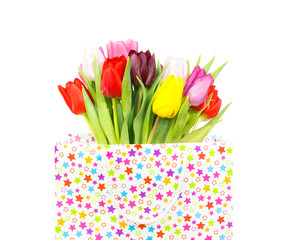 Bouquet of tulips in a gift bag