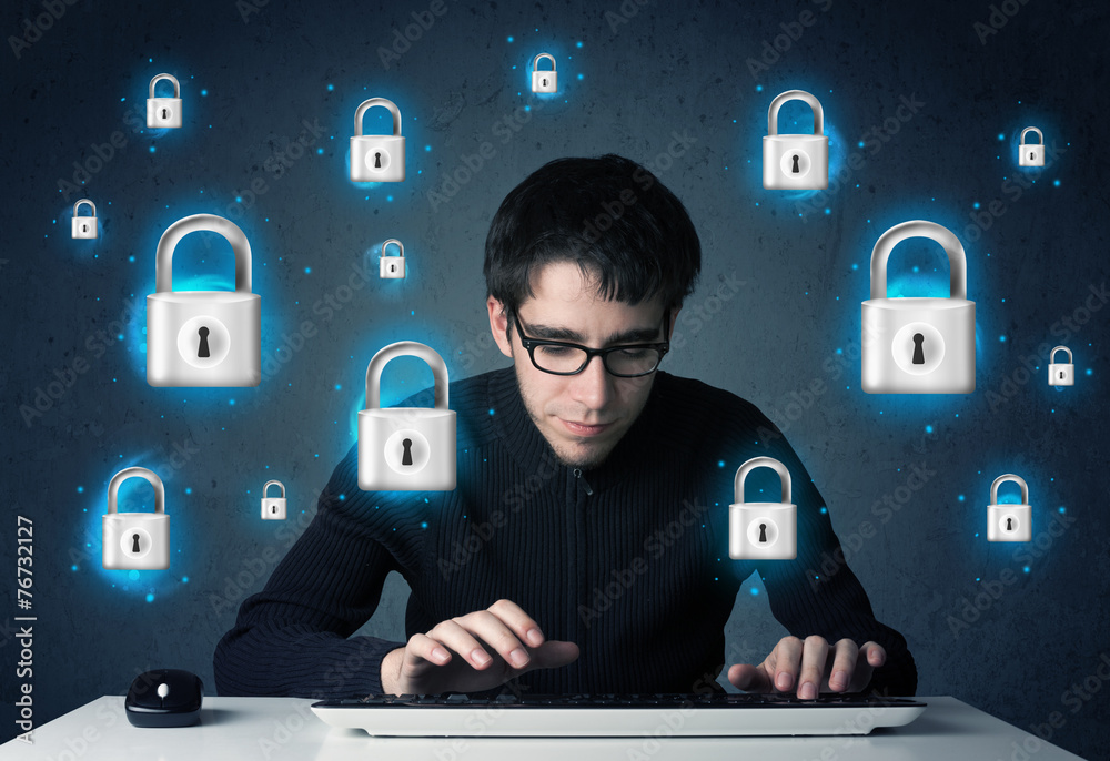 Aufkleber Young hacker with virtual lock symbols and icons
