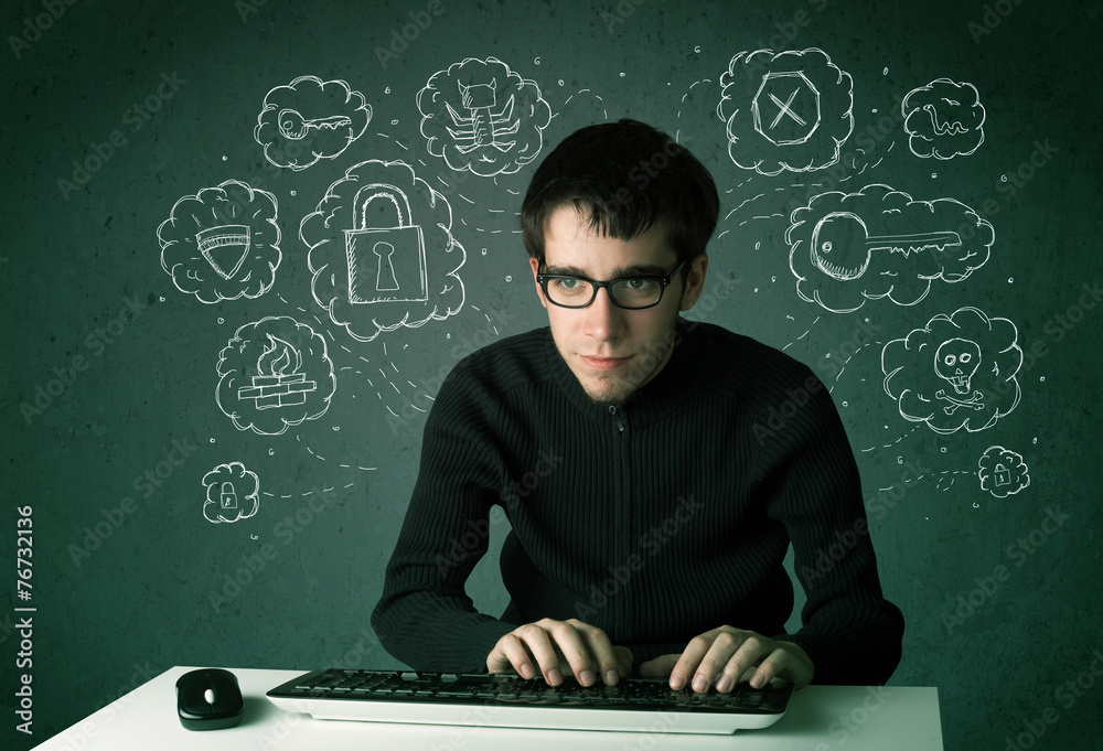Poster Young nerd hacker with virus and hacking thoughts