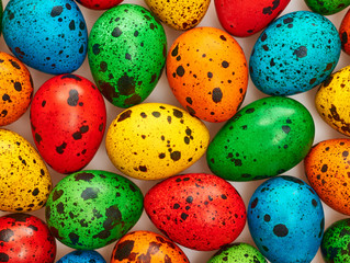 Fototapeta na wymiar Easter quail Eggs painted beautiful multicolored background