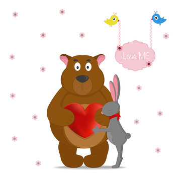 LOVE ME,romantic card with Rabbit and bear holding a heart