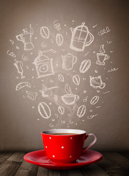 Coffee mug with hand drawn kitchen accessories