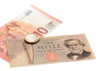 Vintage italian banknotes  and euro money