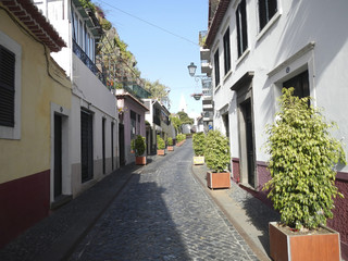 Fototapeta na wymiar Cobblestone street in Funchal old town, Madeira