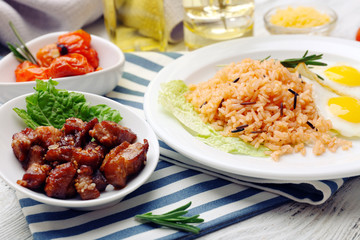 Tasty rice served on table, close-up