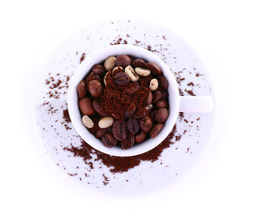 Cup of coffee beans isolated on white