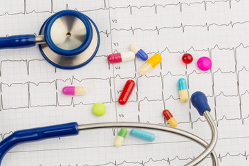 Stethoskop und Tabletten auf einem EKG