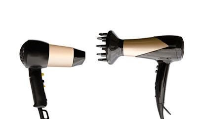 two hair dryers on a white background